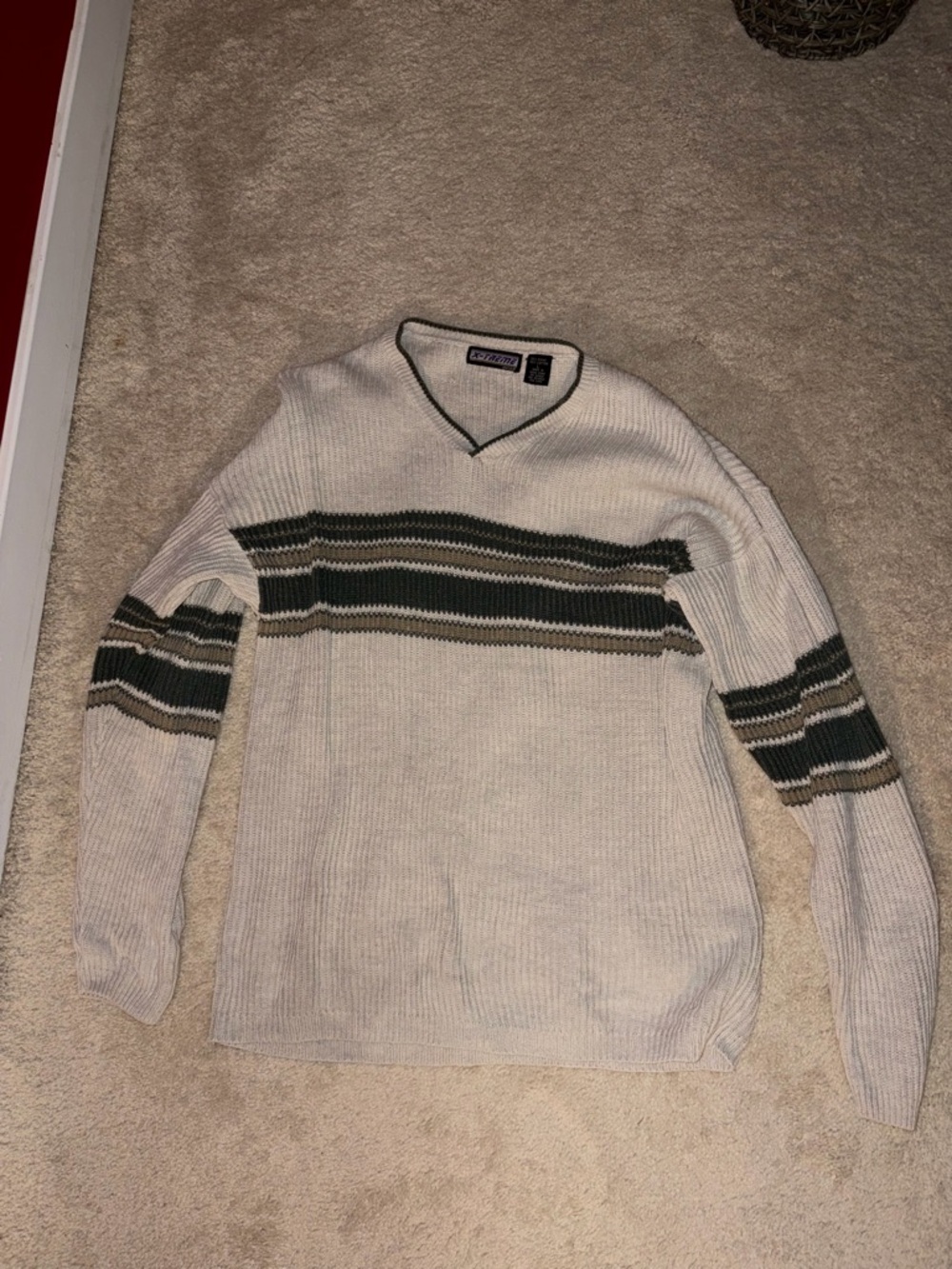 Men's V-Neck Stripe Sweater in Cream and Olive